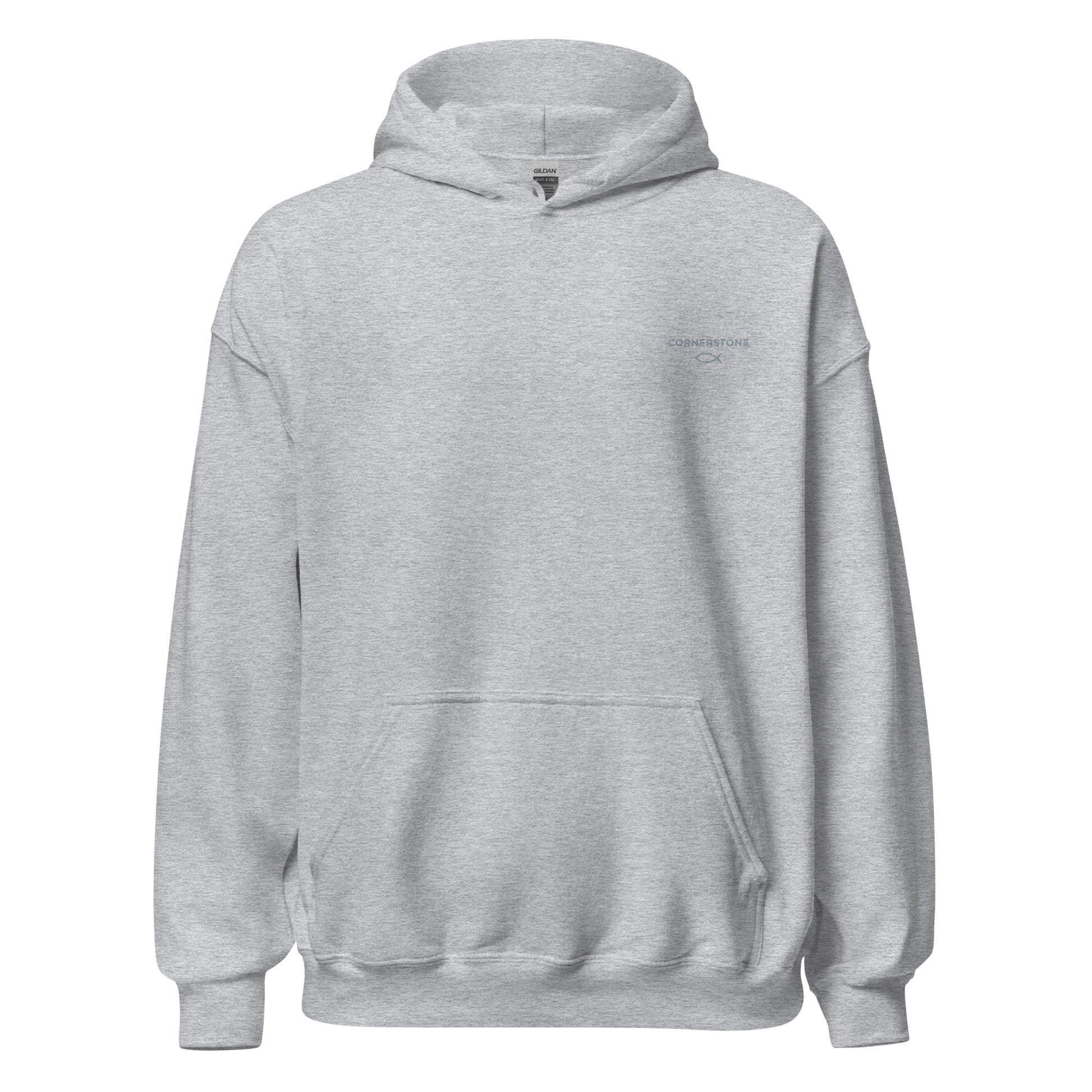 Cornerstone Wear unisex grey hoodie mockup, front flat lay view.