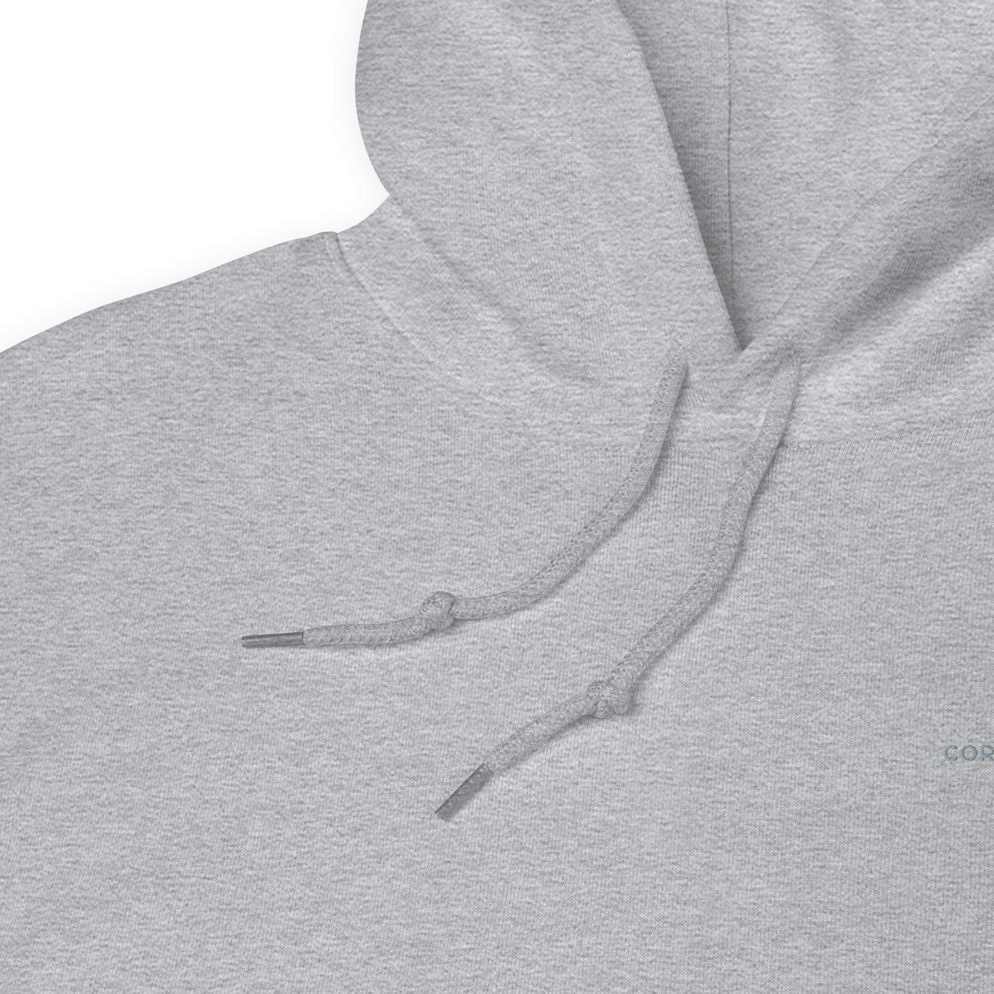 Close-up of a Cornerstone Wear unisex light grey hoodie with a drawstring on a white background