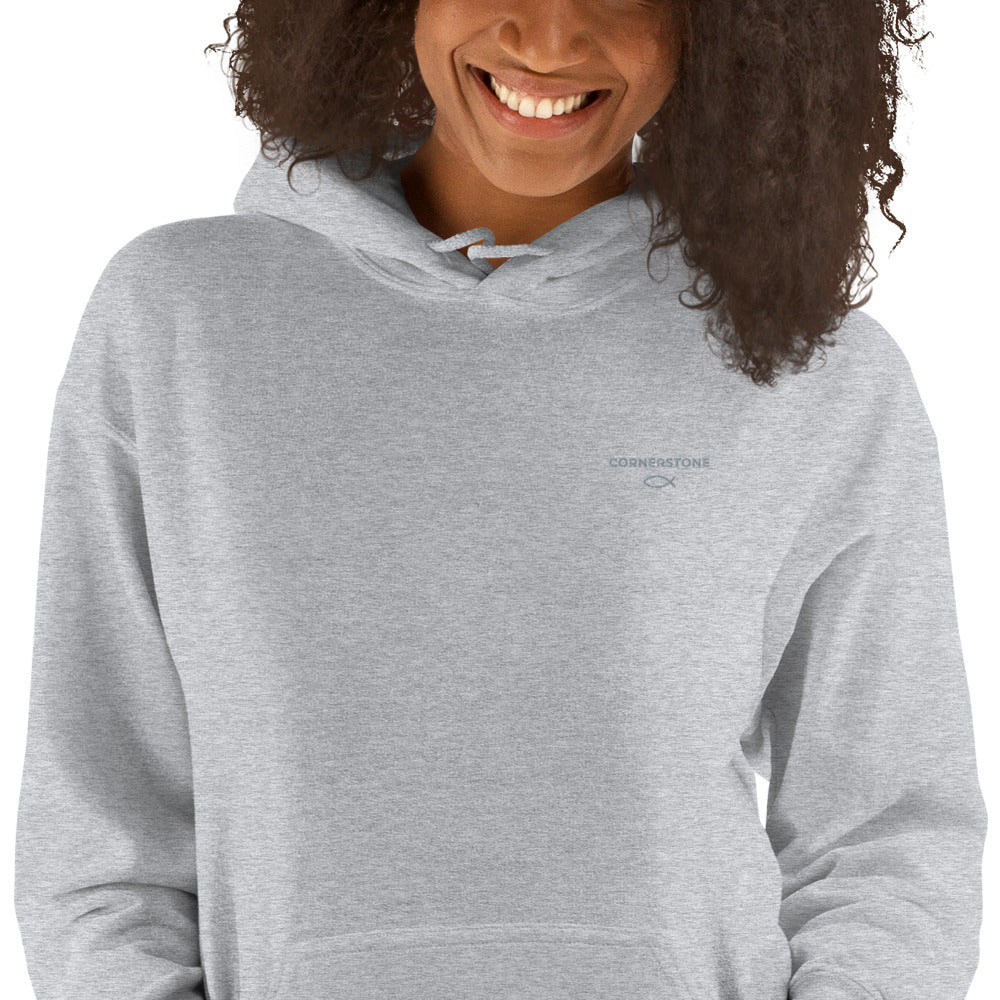 Cornerstone Wear unisex light grey hoodie, Front view.