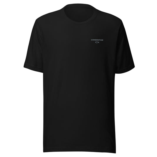 Cornerstone Wear unisex black t‑shirt mockup, front flat lay view.