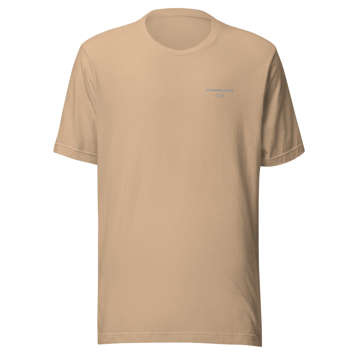 Cornerstone Wear unisex tan t‑shirt mockup, front flat lay view.
