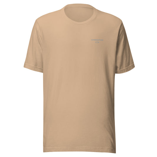 Cornerstone Wear unisex tan t‑shirt mockup, front flat lay view.