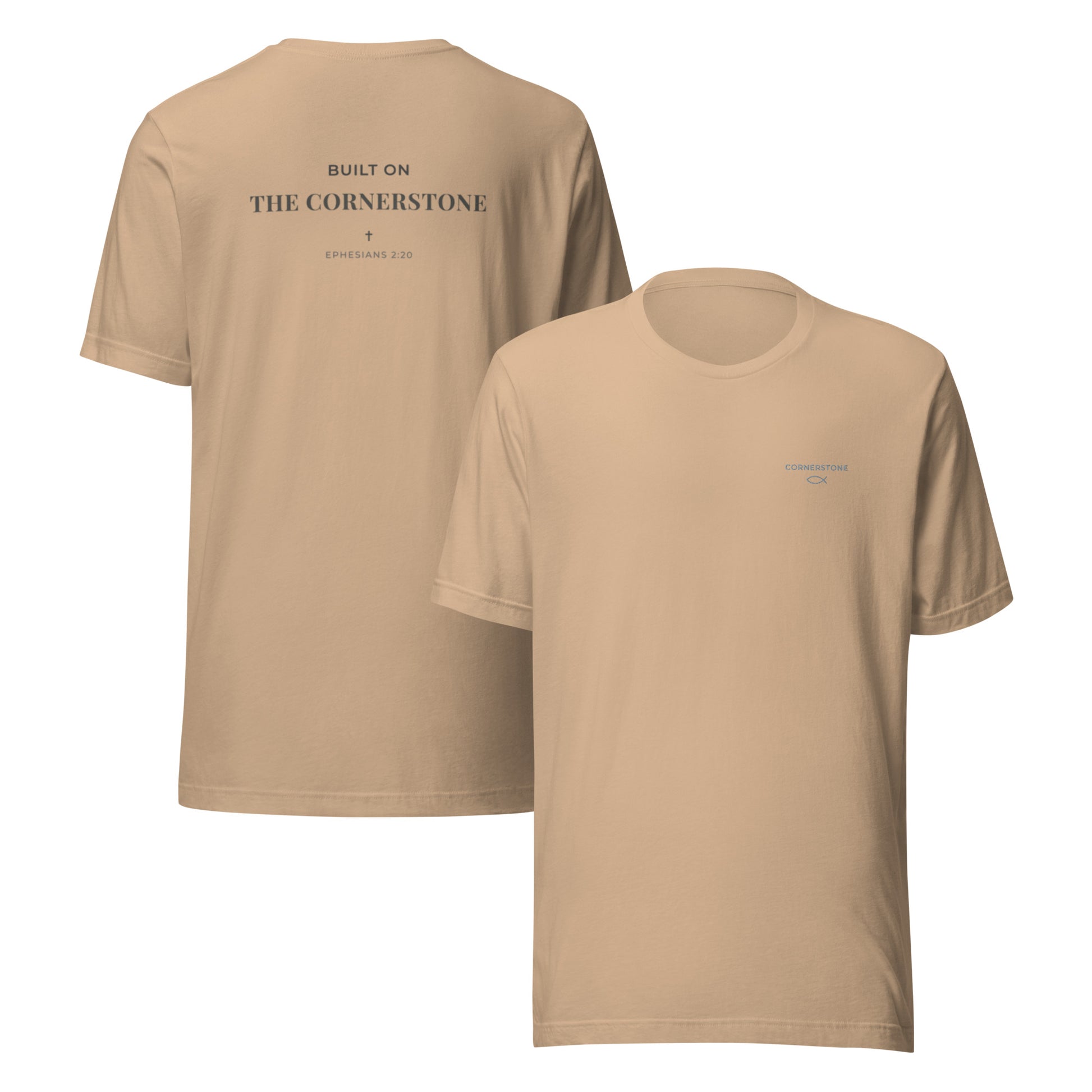 Cornerstone Wear unisex tan t‑shirt mockup, front flat and back lay view.