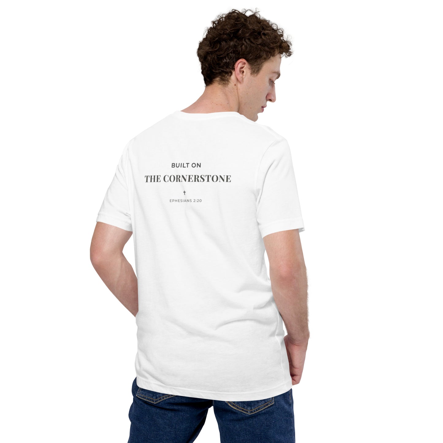 Cornerstone Wear unisex white t‑shirt mockup.