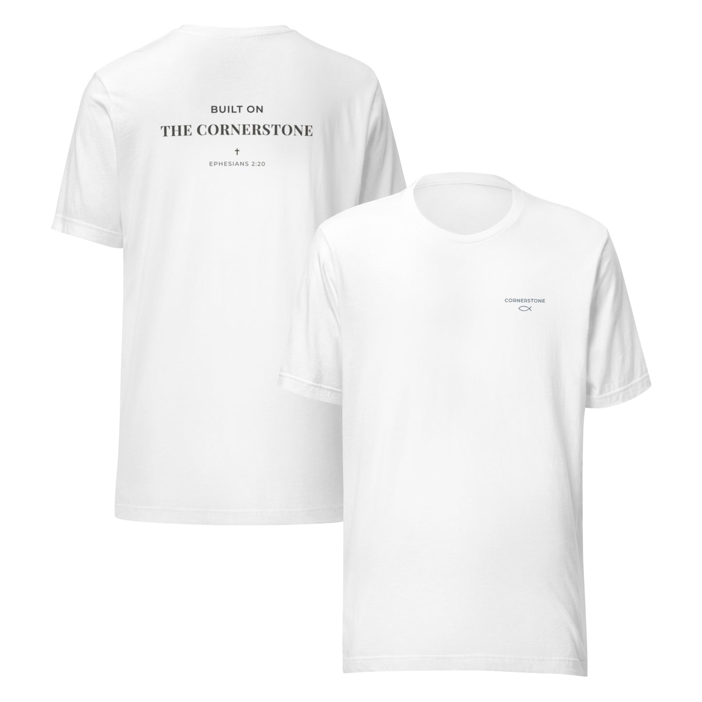Cornerstone Wear unisex white t‑shirt mockup, front flat and back lay view.